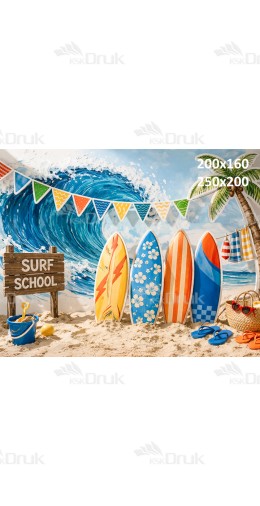 Tło fotograficzne „Surf school z kolorowymi deskami i falą oceanu” | 4059